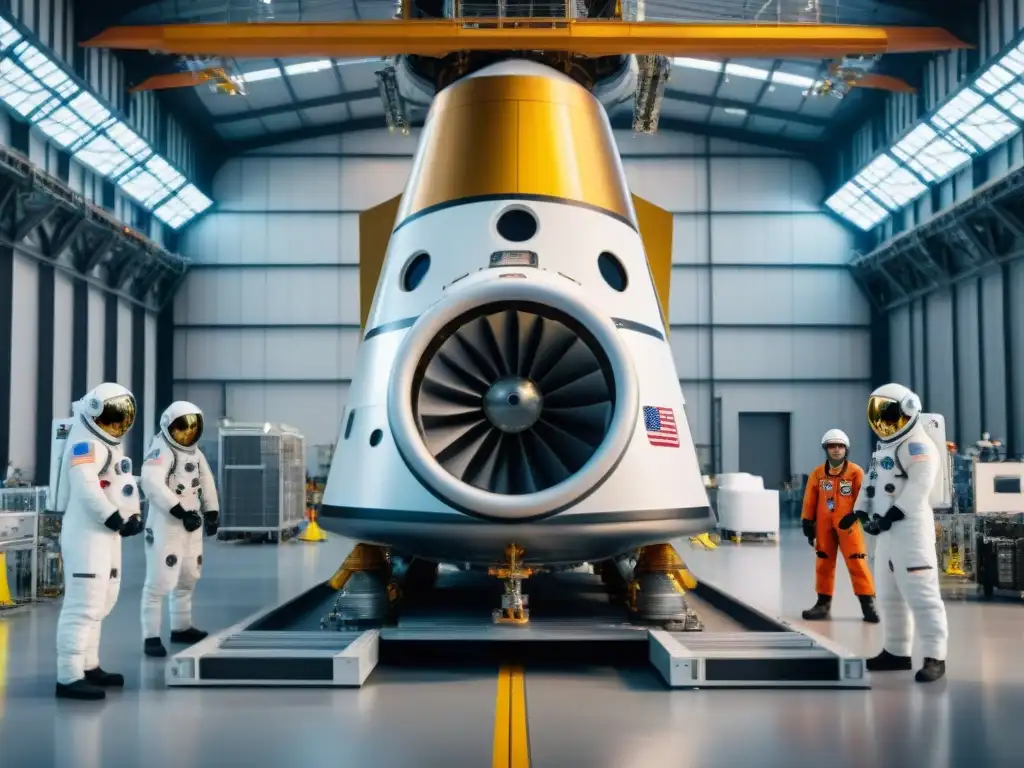Innovación espacial: ingenieros y astronautas construyen nave en centro de lanzamiento de vanguardia Equipo de ingenieros y astronautas colaborando en la construcción de un vehículo lanzador espacial en un avanzado centro espacial
