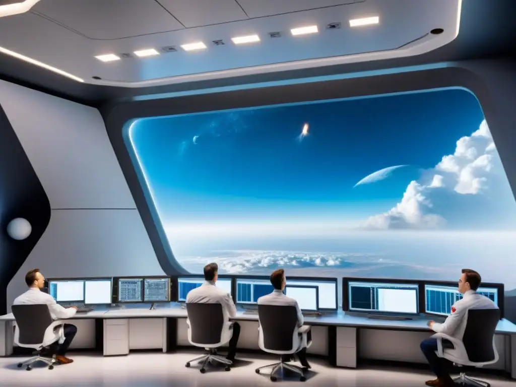 Innovación espacial: ingenieros y científicos colaborando en lanzamiento de naves Equipo de ingenieros y científicos colaborando en un centro espacial de vanguardia