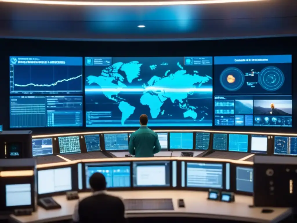 Equipo de ingenieros y científicos en sala de control de agencia espacial, analizando datos de misión espacial con software astronómico