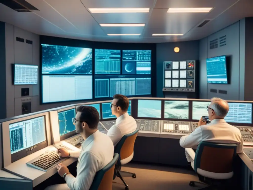 El equipo de ingenieros y científicos en la sala de control de la NASA durante el programa Apolo, con avances tecnológicos carrera espacial