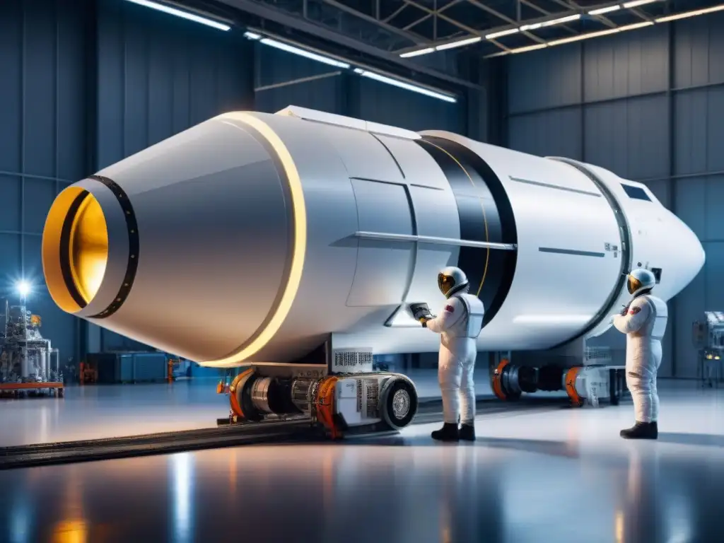 Un equipo de ingenieros ensambla un cohete futurista en un hangar lleno de maquinaria avanzada