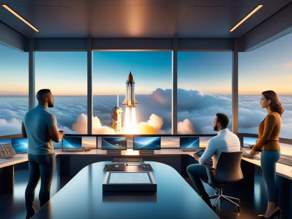 Equipo de ingenieros diverso discute diseño de cohetes en taller de agencia espacial