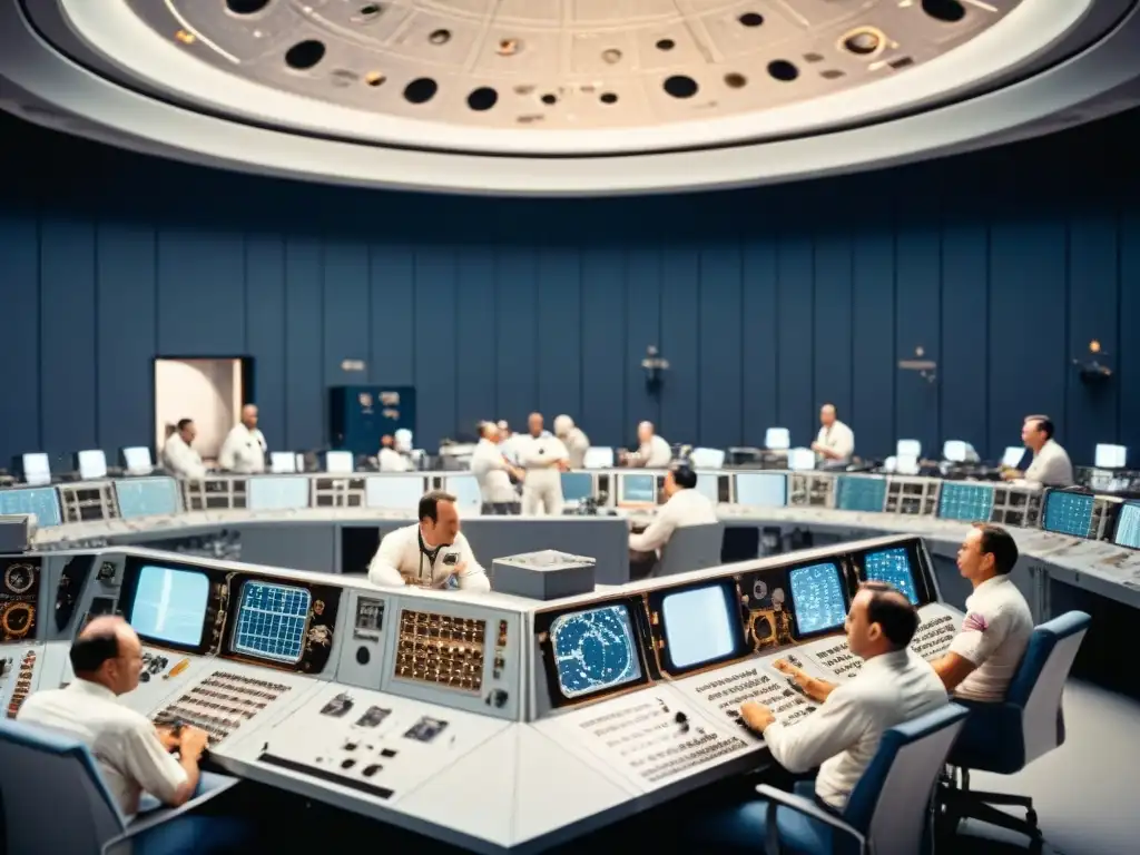 Equipo de ingenieros de la NASA inspeccionando la nave Apollo 11 en sala de control antes de la misión a la luna