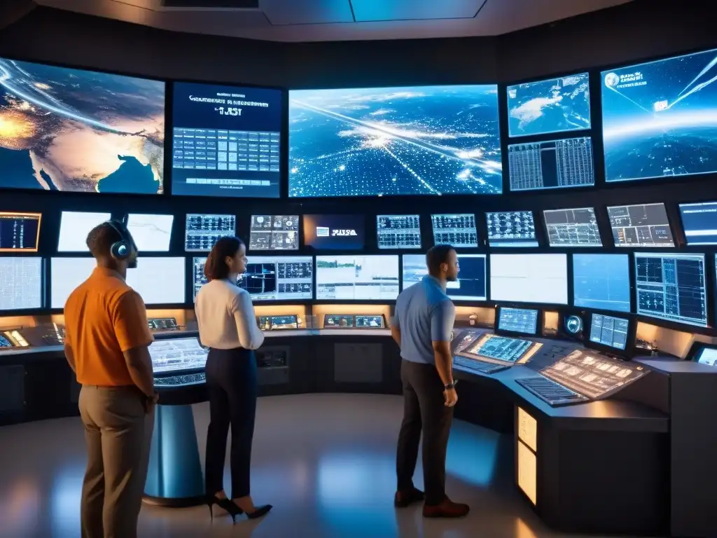 Equipo de ingenieros en sala de control del Deep Space Network en NASA, monitoreando misiones espaciales