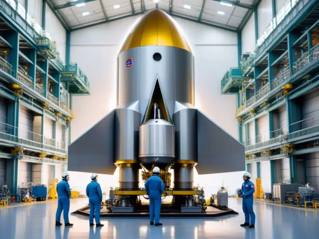 Equipo de ingenieros garantizando la seguridad de un vehículo lanzador espacial con precisión y dedicación en instalación avanzada