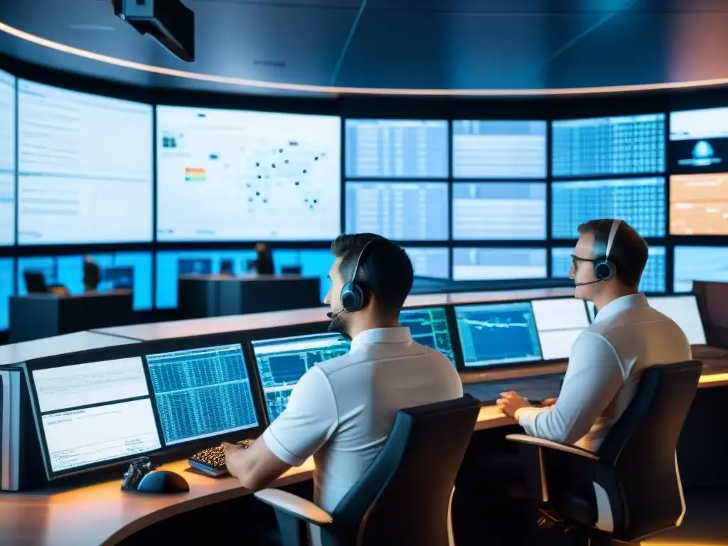 Equipo de ingenieros y técnicos en sala de control de agencia espacial, monitoreando datos para lanzamiento espacial