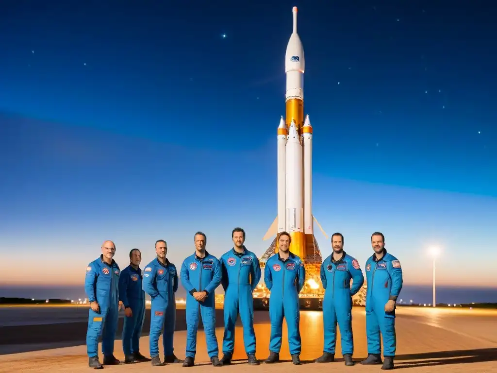 Un equipo de ingenieros en trajes azules verifica el Ariane 5 antes de su lanzamiento comercial