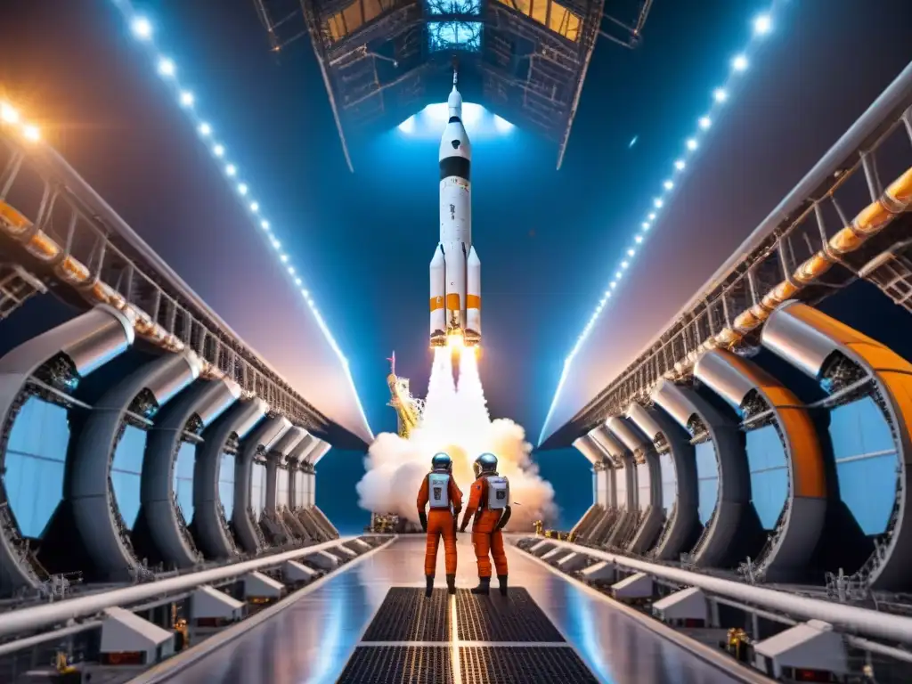 Equipo de ingenieros inspecciona nave espacial en centro de lanzamiento Un equipo de ingenieros inspecciona minuciosamente un vehículo lanzador espacial en una avanzada instalación