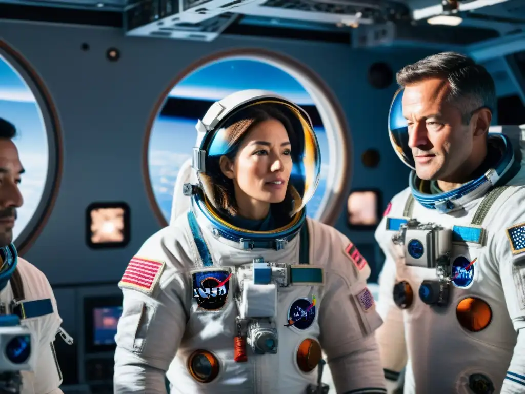 Equipo internacional de astronautas en la Estación Espacial Un equipo internacional de astronautas colabora en la exploración espacial dentro de la Estación Espacial Internacional