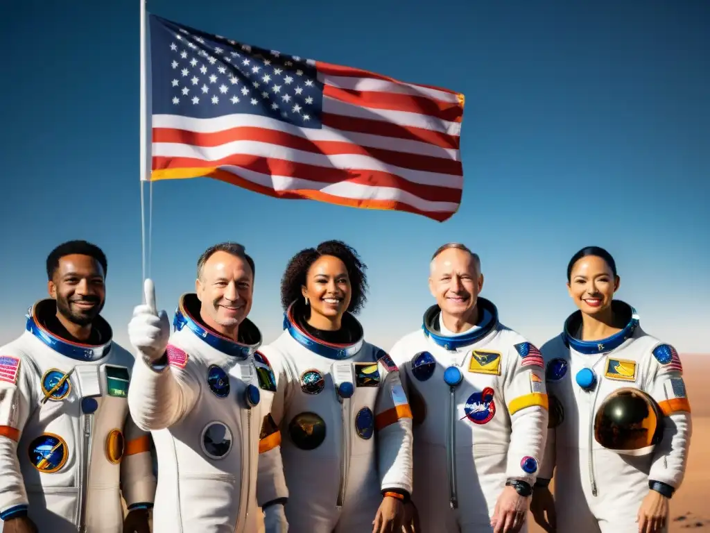 Un equipo internacional de astronautas celebra frente a una nave espacial con banderas de distintas naciones