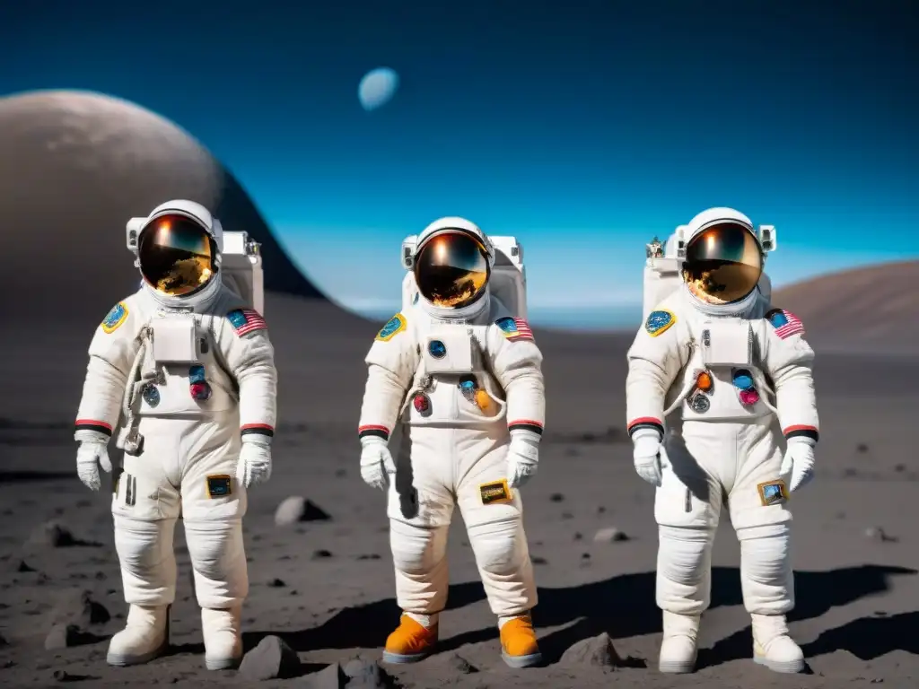 Equipo internacional de astronautas en trajes espaciales en base lunar con vista de la Tierra, Misión Artemis exploración lunar global