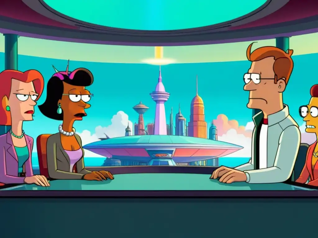 El equipo de la nave de 'Futurama' discute críticas sociales frente a holograma en ciudad futurista