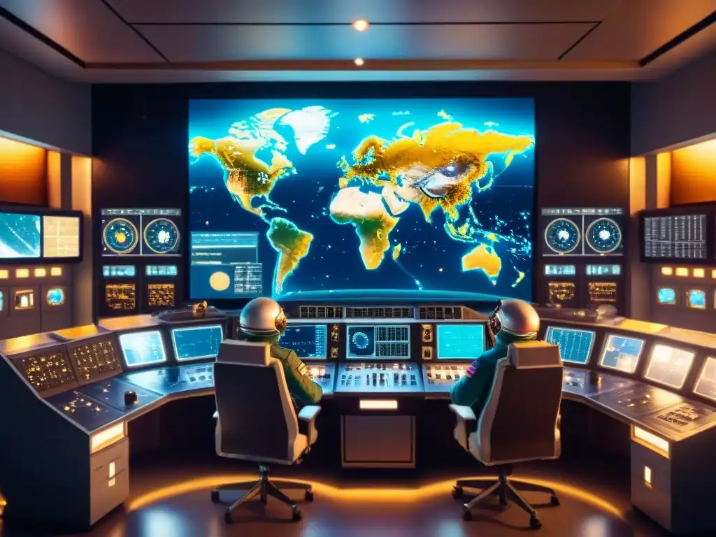 Equipo en sala de control de misión histórica, monitores, consolas y mapa del sistema solar