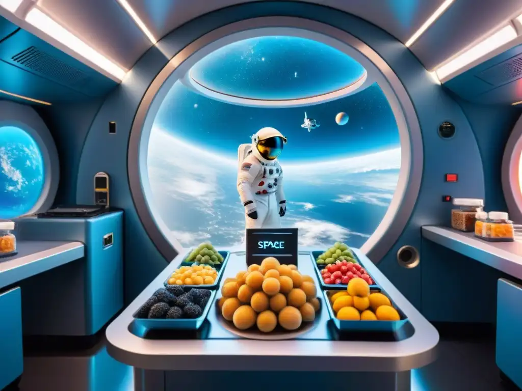 Escena futurista en cafetería espacial con comida para astronautas en espacio