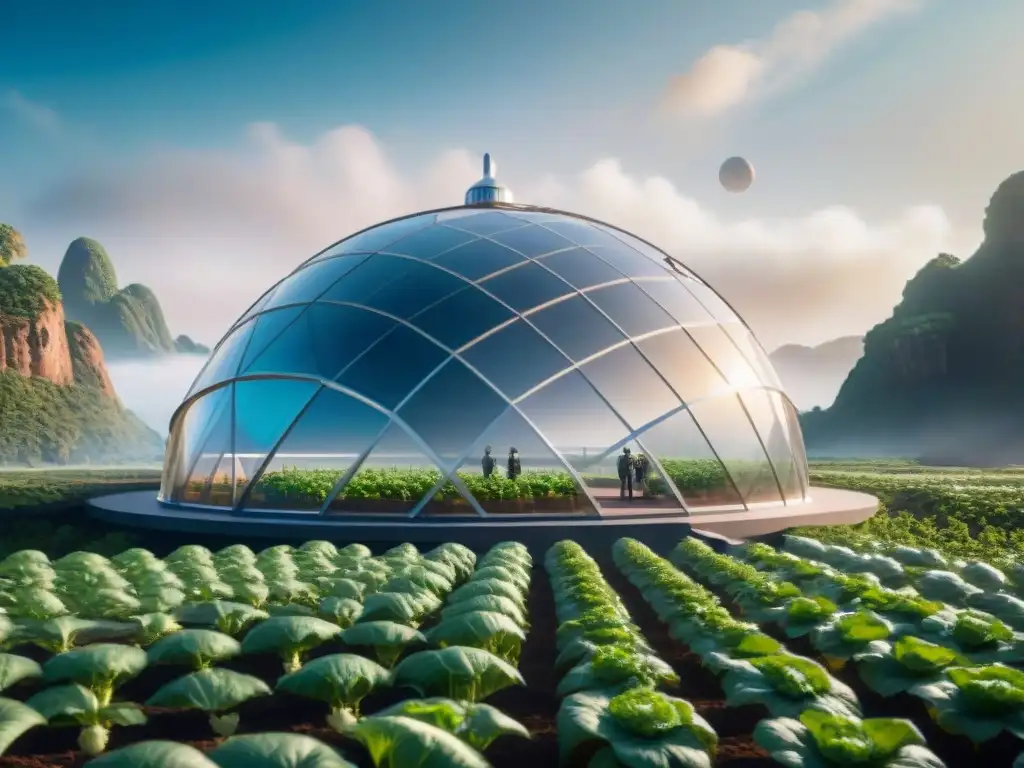 Escena de agricultura extraterrestre futurista en cúpula espacial, con astronautas y plantas alienígenas bajo luz artificial