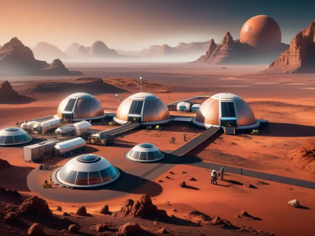 Escena futurista de colonización espacial en Marte, con colonos y avanzada tecnología integrada en el paisaje marciano