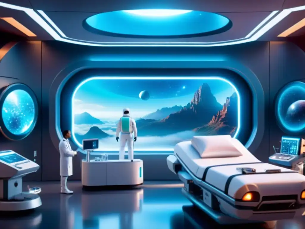 Escena futurista de medicina del futuro ciencia ficción en un hospital espacial con tecnología avanzada y galaxias distantes en ventanas