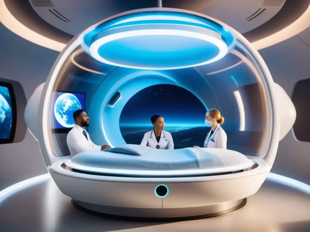 Escena futurista de medicina del futuro ciencia ficción: un pod médico avanzado en estación espacial, con paciente y equipo médico diverso