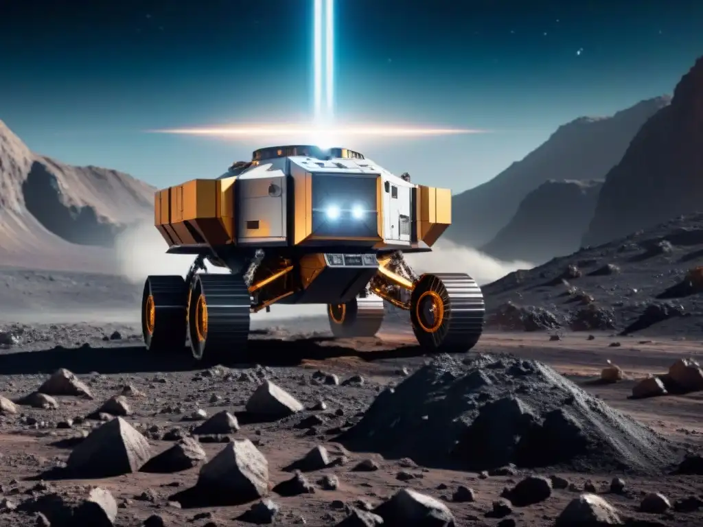 Operación minera espacial en asteroide: Futuro tecnológico Escena futurista de minería espacial en un asteroide, con robots extrayendo recursos