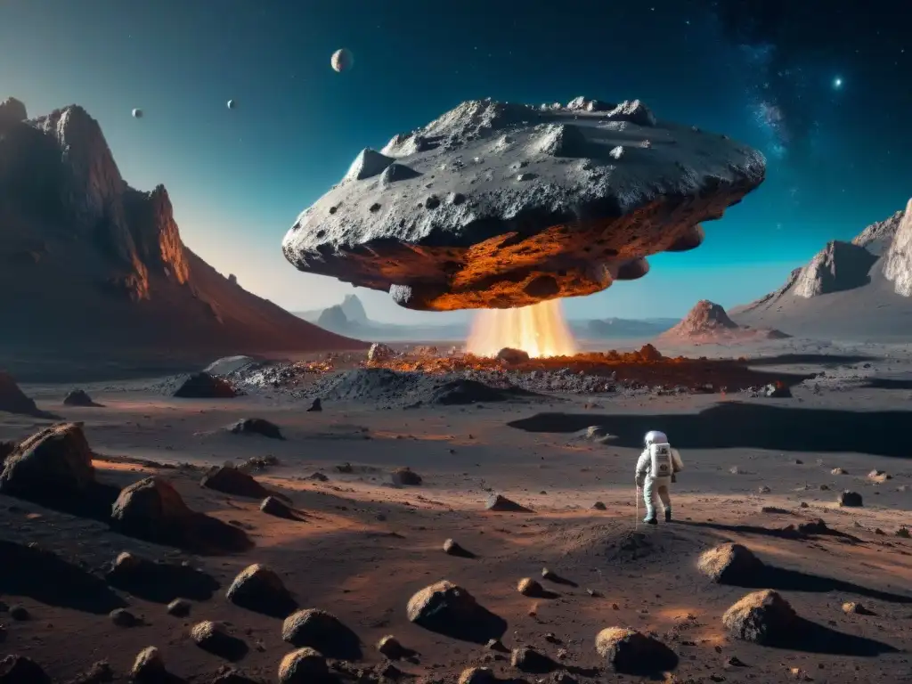 Escena futurista: nave espacial sobre asteroide, equipos mineros, astronautas