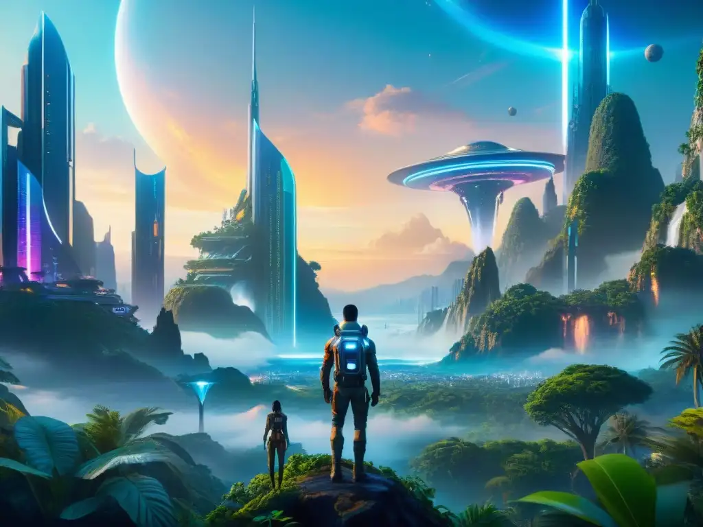 Escena futurista en un planeta distante: ciudad interconectada con naturaleza exuberante, naves espaciales brillantes y seres alienígenas