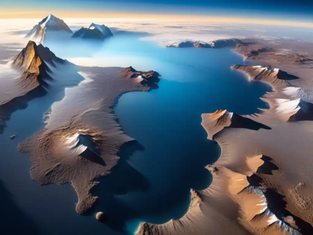 Escena misteriosa de Plutón: montañas de hielo y llanuras de metano crean un paisaje enigmático y sci-fi en el borde del sistema solar