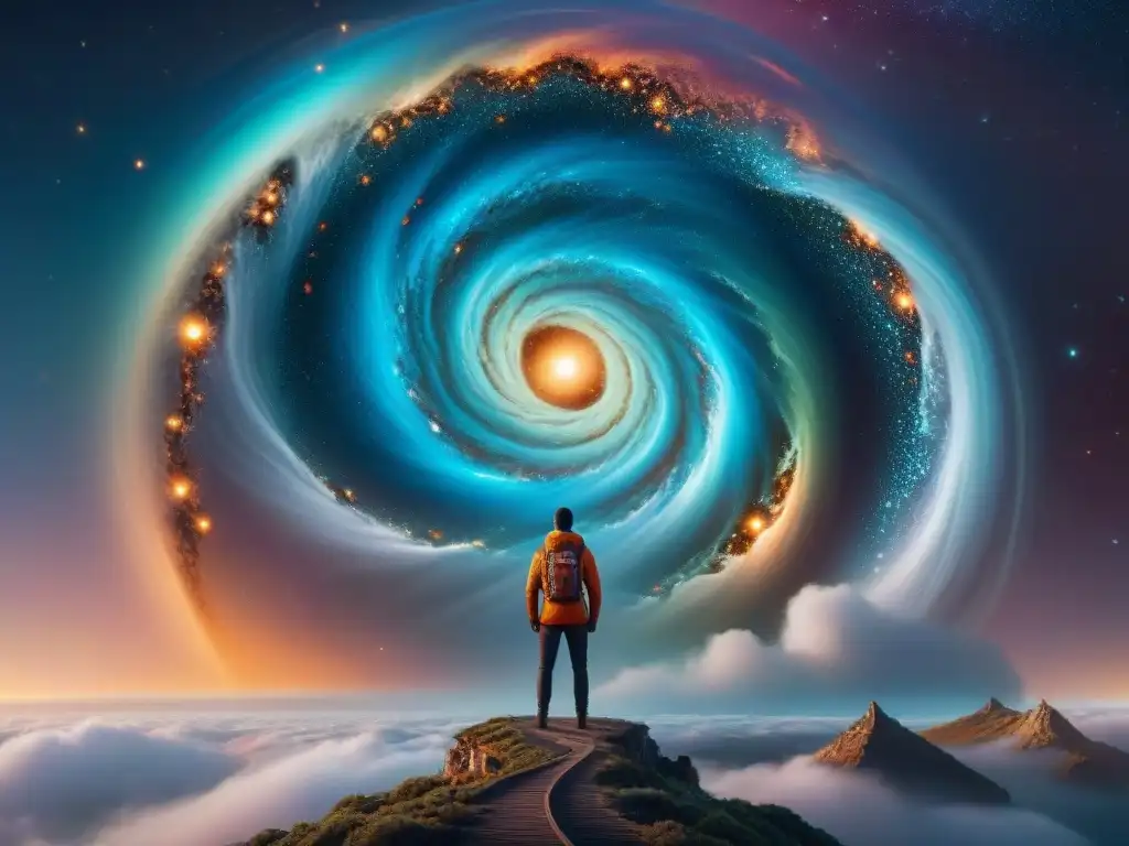 Un escenario cósmico con galaxias, un portal brillante y naves futuristas en un multiverso