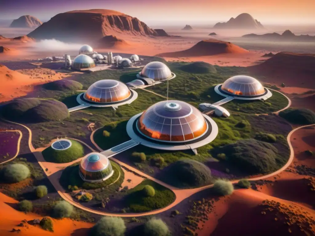 Colonización espacial en Marte: biodomas transparentes en paisaje rojo, humanos científicos y naves futuristas