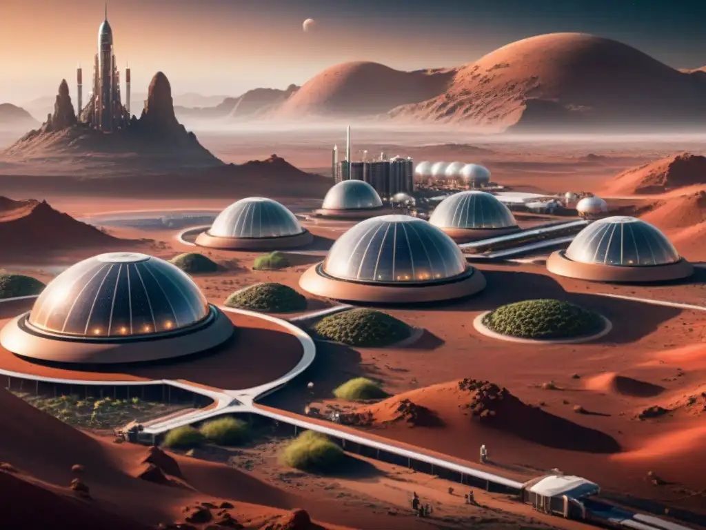 Colonización espacial en Marte: una colonia futurista con edificios altos, naves espaciales y paisaje marciano