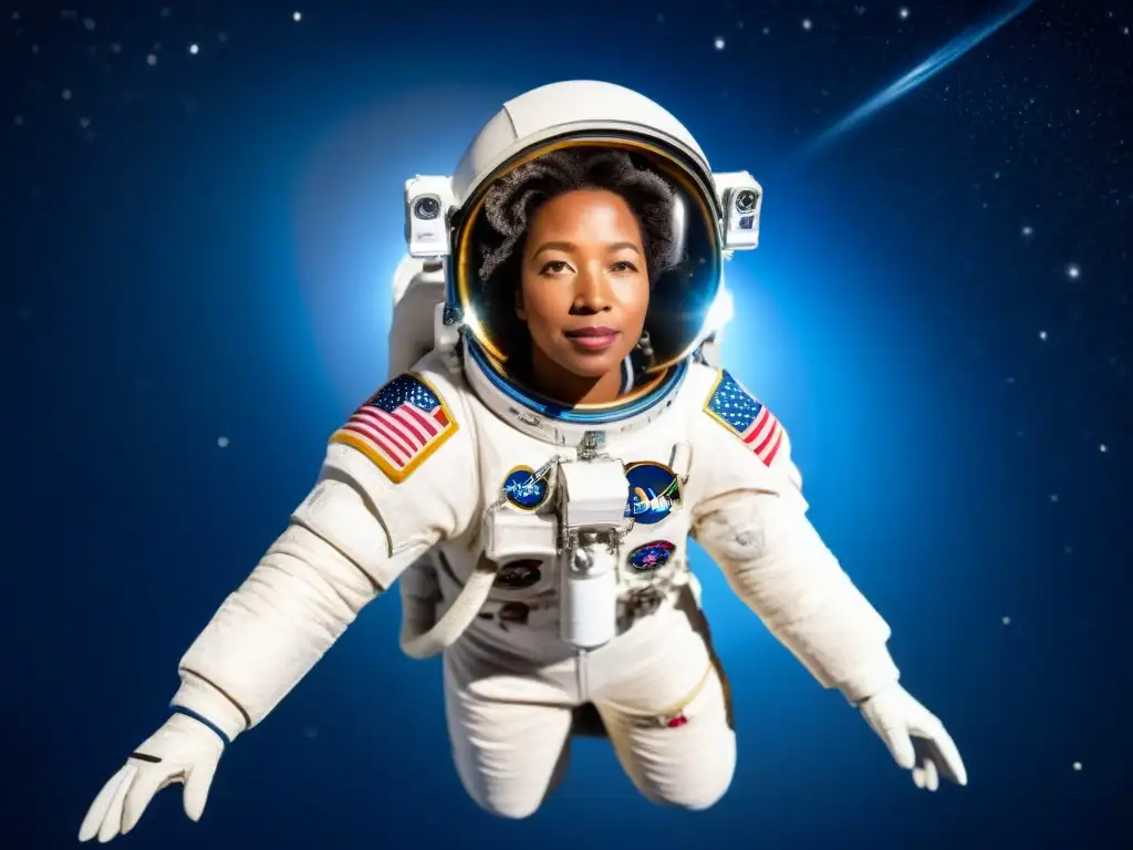 Exploración espacial: Mae Jemison flota en el cosmos, fusionando ciencia ficción y realidad