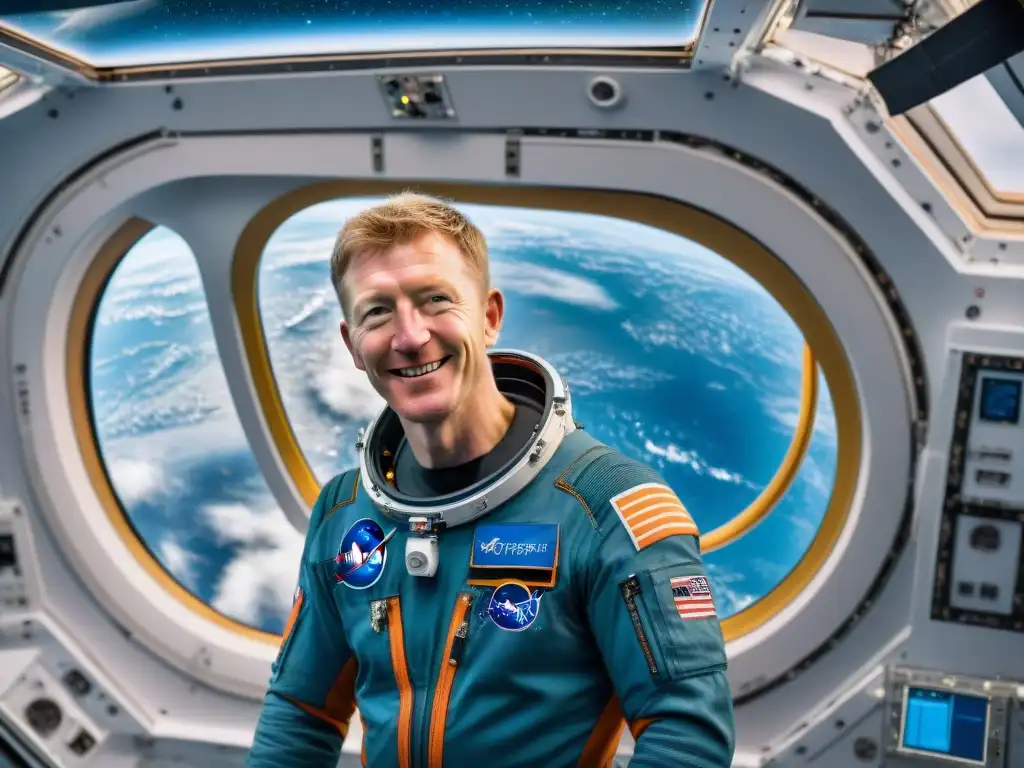 Exploración espacial: Tim Peake flota en la Estación Espacial rodeado de estrellas, expresando asombro y determinación