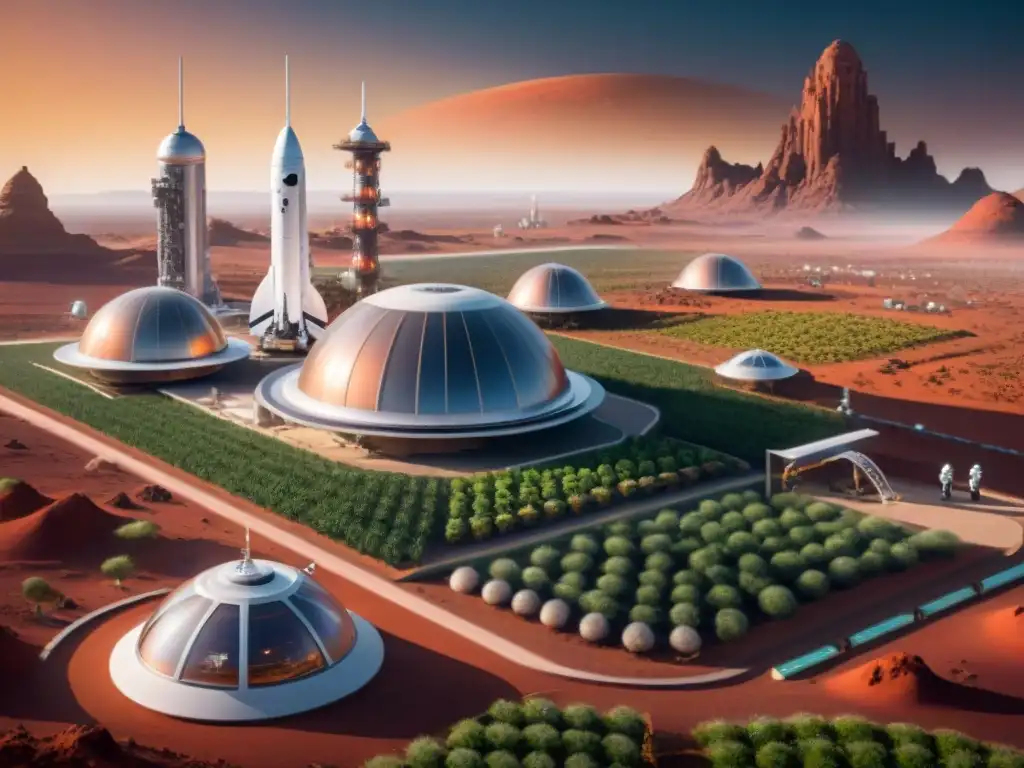 Colonización espacial ciencia ficción Marte: Colonia futurista en Marte con astronautas y naves espaciales