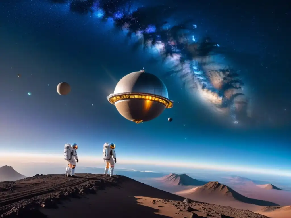 Estación espacial futurista orbitando un exoplaneta, con astronautas en caminatas espaciales y naves espaciales