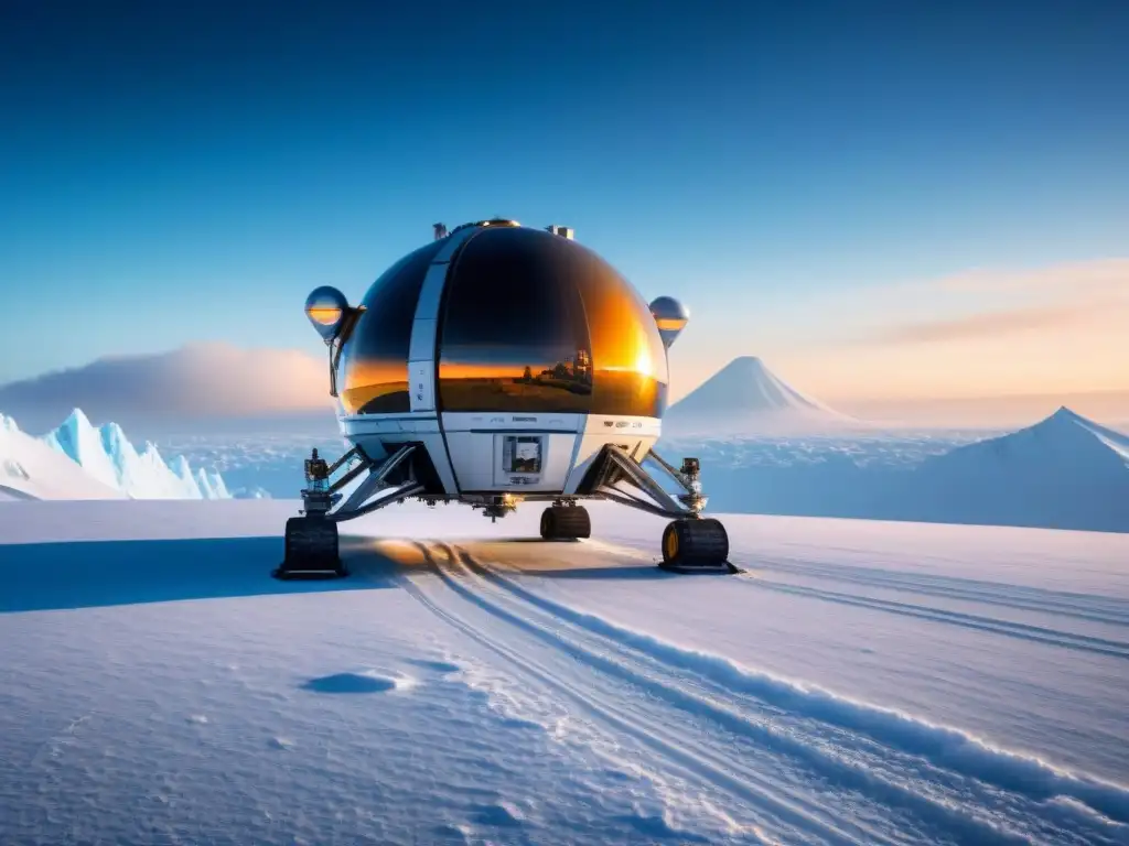 Misión espacial a Tritón: Nave futurista sobre hielo, astronautas explorando, en un paisaje alienígena impresionante