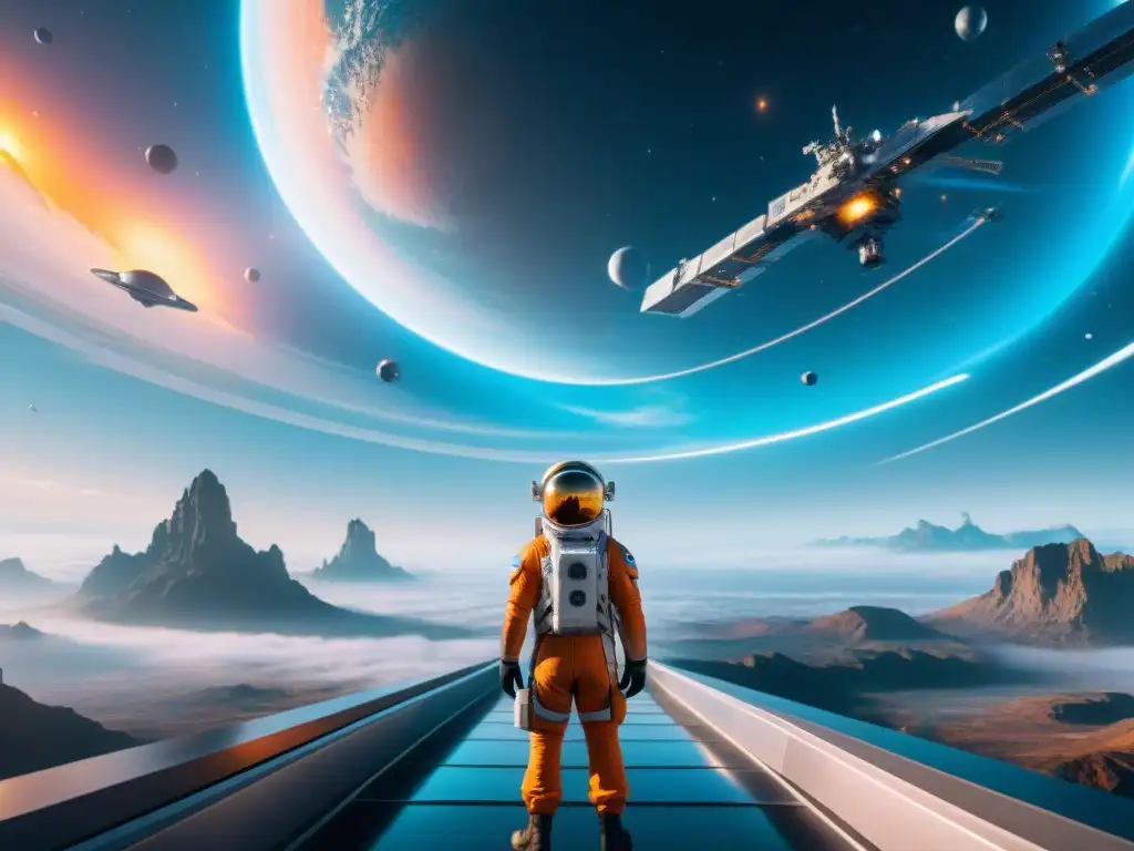 Estación espacial futurista llena de actividad en el cosmos, reflejando la esencia de los protagonistas videojuegos ciencia ficción