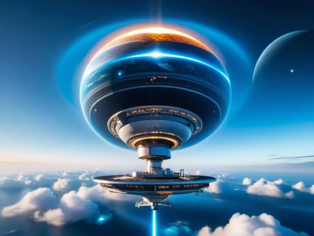 Estación espacial futurista orbitando el misterioso planeta Neptuno, entre nubes azules y anillos brillantes