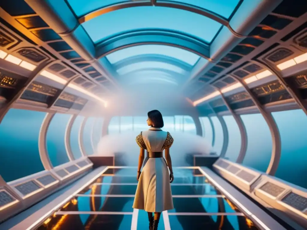 Estación espacial futurista con mujeres de la era victoriana y habilidades scifi, en un cosmos estrellado