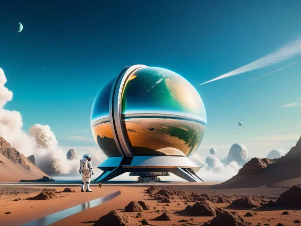 Estación espacial futurista en órbita, colaboración humana y robótica en la exploración espacial