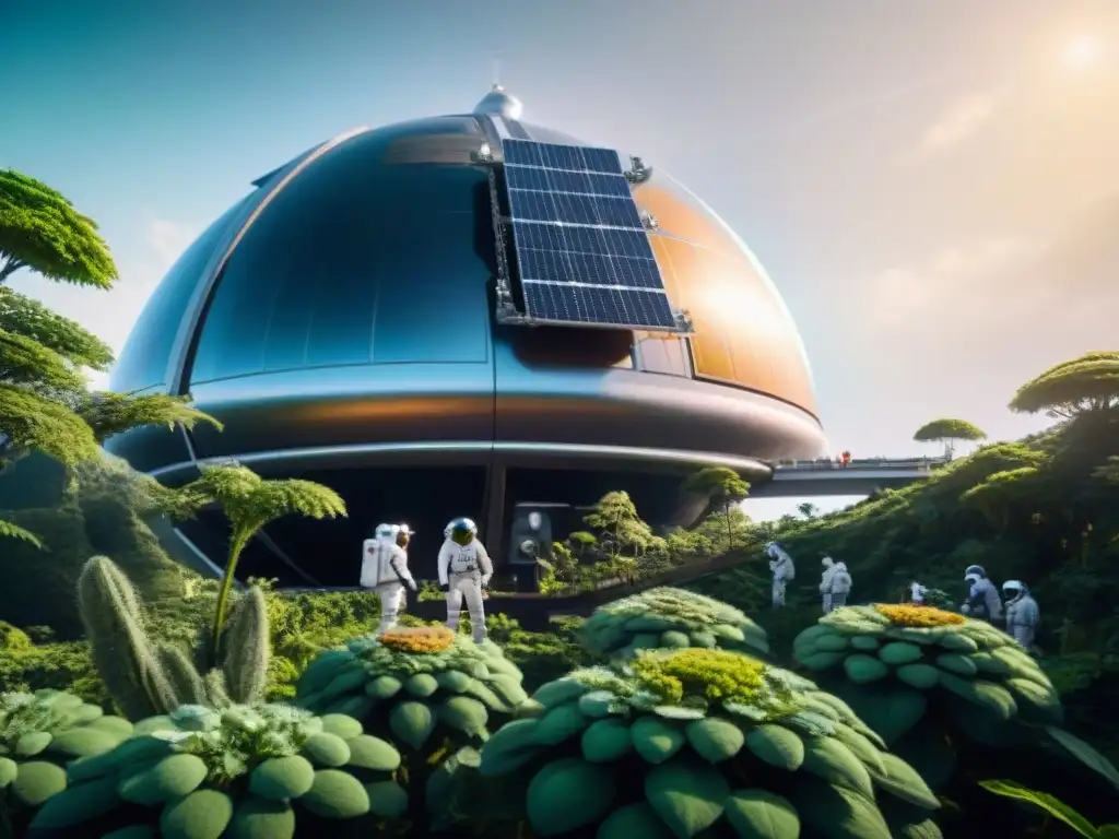 Estación espacial futurista en órbita de exoplaneta verde, astronautas en trajes sostenibles, biodomo con plantas