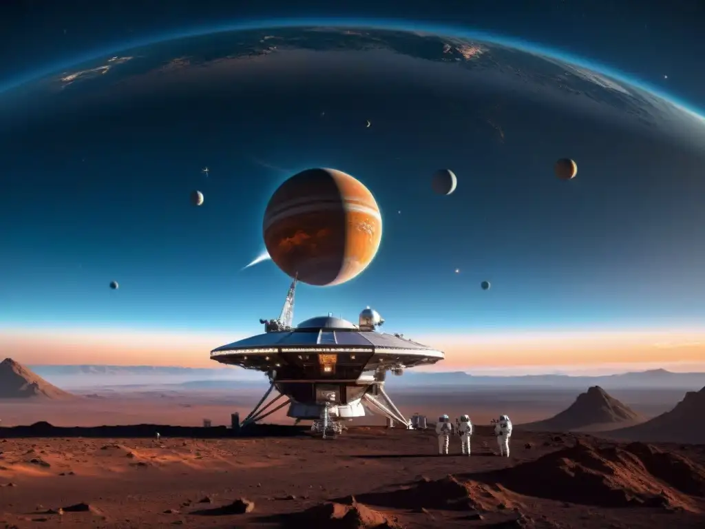 Estación espacial futurista en órbita de exoplaneta, con satélites de comunicación