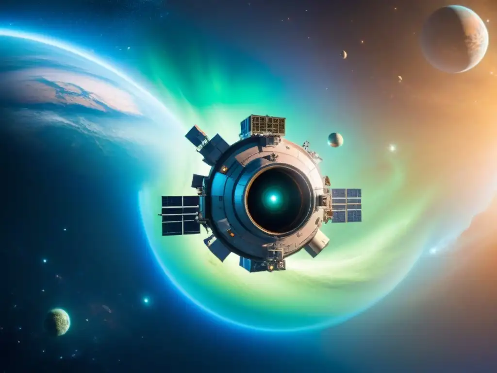 Estación espacial futurista en órbita de exoplaneta azul y verde, con naves y tecnología cuántica, rodeada de nebulosa y estrellas