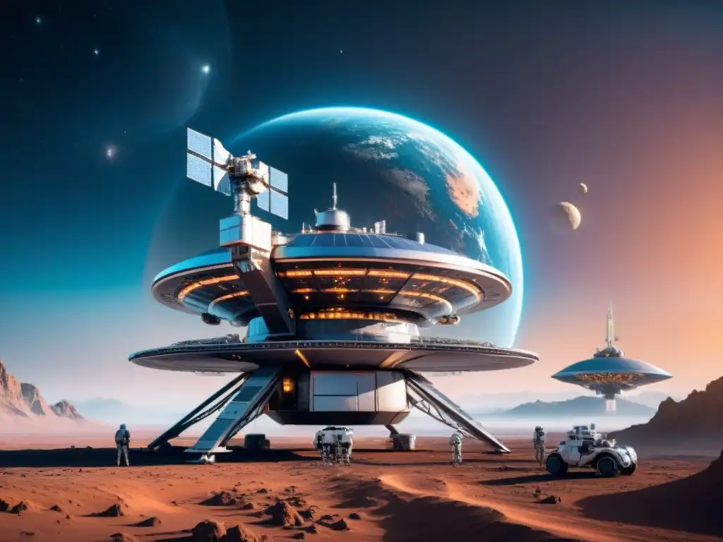 Estación espacial futurista en órbita: tecnología avanzada y actividad frenética Estación espacial futurista en órbita de un planeta, con tecnología avanzada y movimiento, fusionando ciencia ficción y desarrollo tecnología espacial