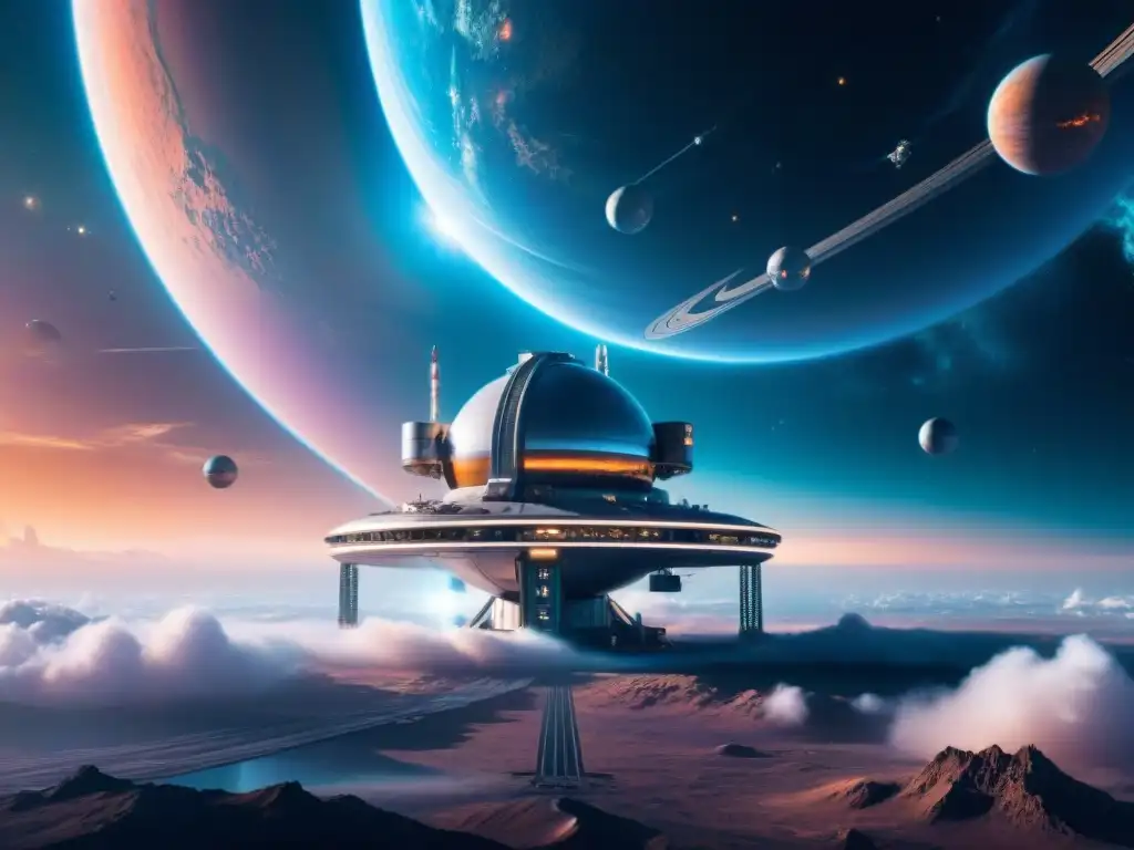 Estación espacial futurista en órbita de planeta distante Estación espacial futurista en órbita de un planeta distante, rodeada de nebulosas, reflejando el desarrollo tecnología espacial ciencia ficción
