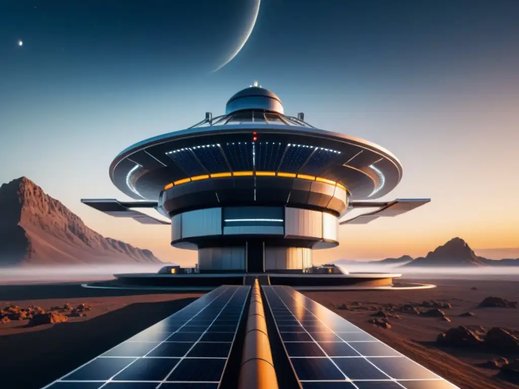 Estación espacial futurista con paneles solares brillantes, energía renovable inspirada ciencia ficción