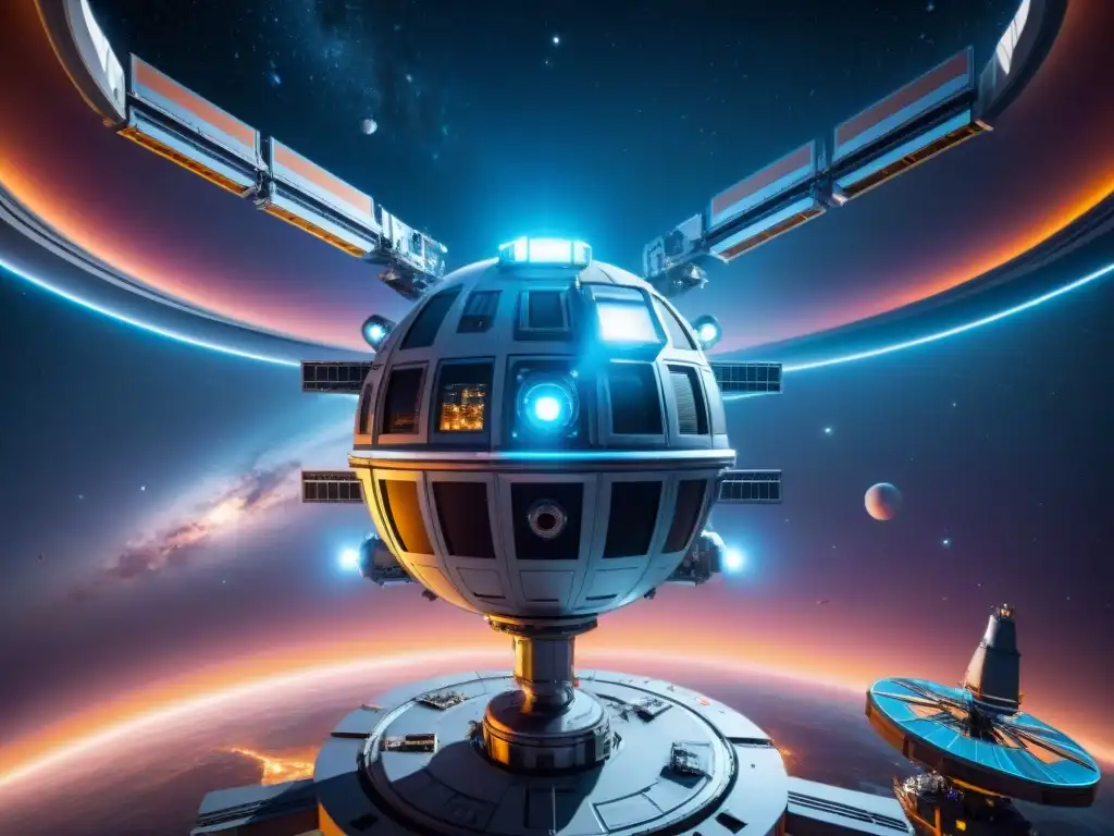 Estación espacial futurista con robots humanoides y sistemas de IA avanzados, en un entorno galáctico lleno de estrellas y nebulosas