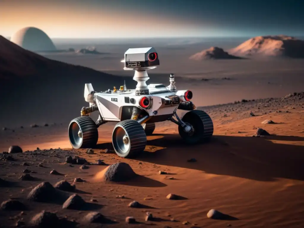 Rover espacial futurista explorando terreno alienígena bajo un cielo estrellado