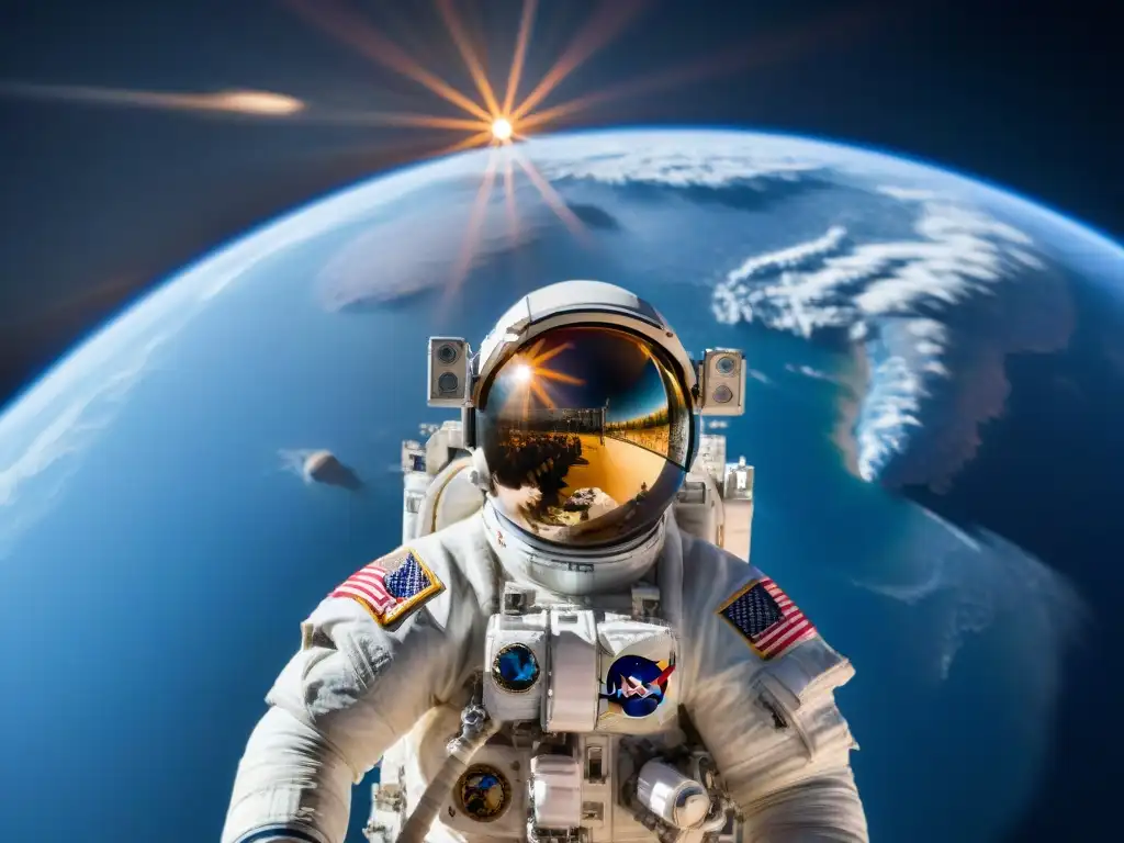 Explorando el cosmos: Alexander Gerst en la Estación Espacial Internacional Exploración espacial: Alexander Gerst maravillado frente a la Estación Espacial Internacional, con la Tierra de fondo al atardecer
