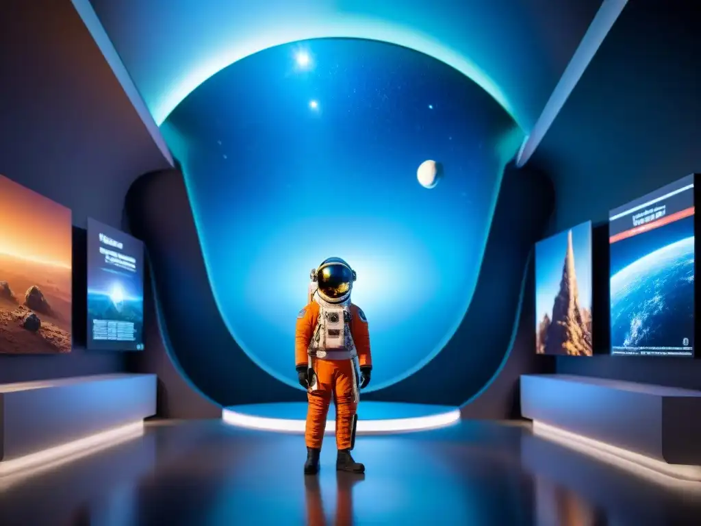 Exhibición futurista de exploración espacial en un museo de alta tecnología, con naves avanzadas y trajes de astronauta para viajar a galaxias lejanas