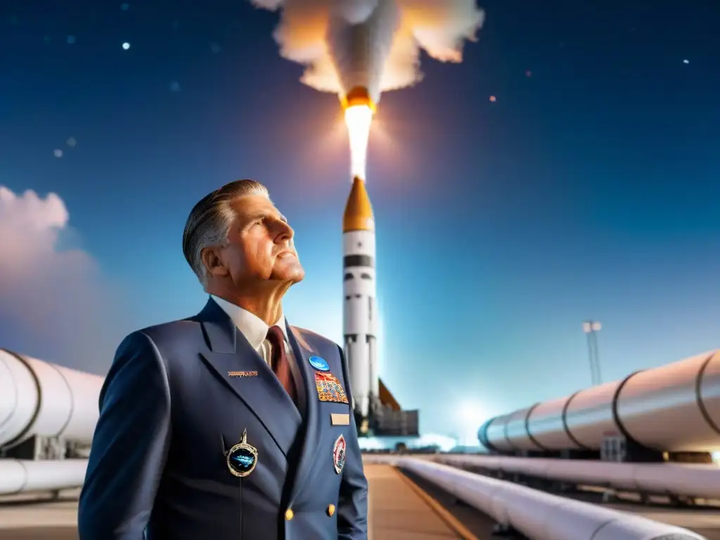 Wernher von Braun, genio espacial polémico, liderando equipo diverso en base espacial futurista