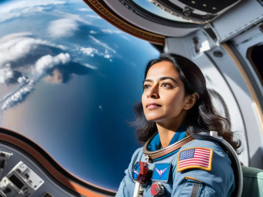 Kalpana Chawla flotando en la Estación Espacial rodeada de equipamiento científico, observando con asombro la Tierra desde el espacio